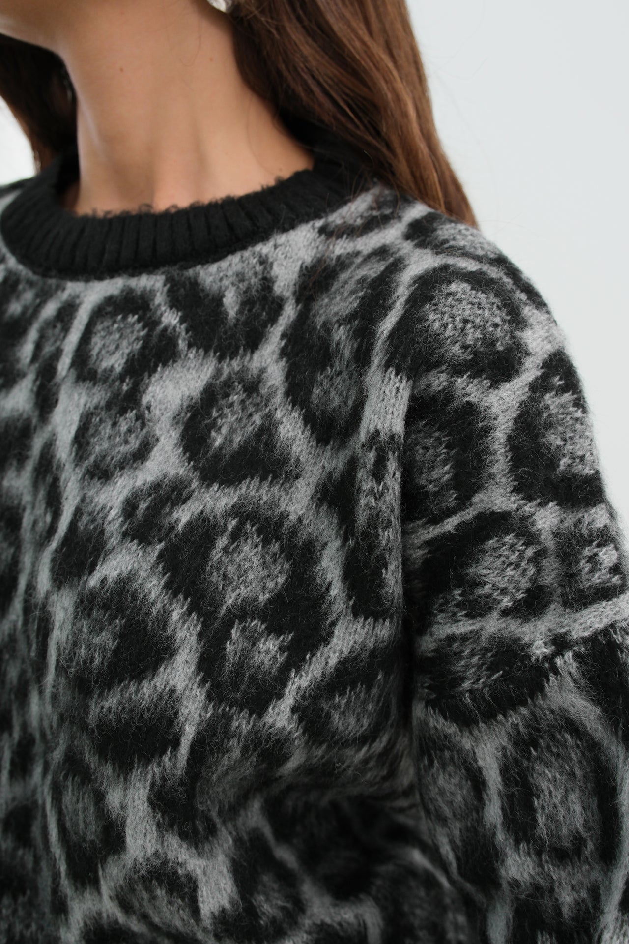 Leopard Patterned Black Bearded Knitwear Sweater 