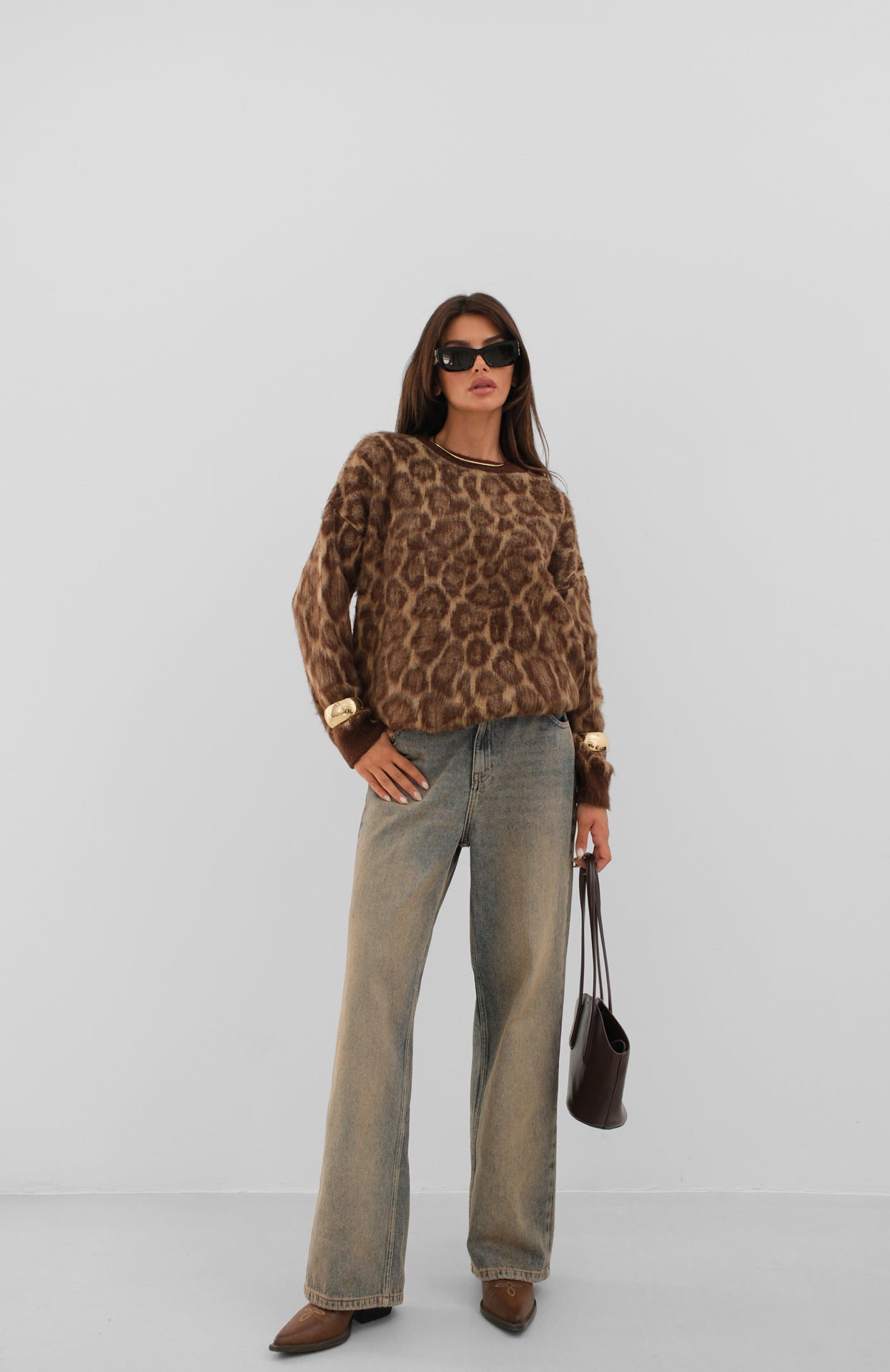 Leopard Patterned Brown Bearded Knitwear Sweater 