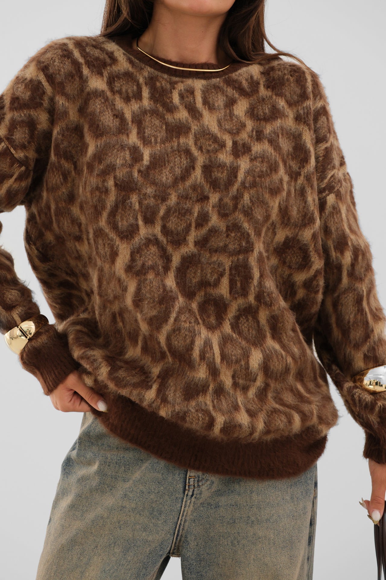 Leopard Patterned Brown Bearded Knitwear Sweater 