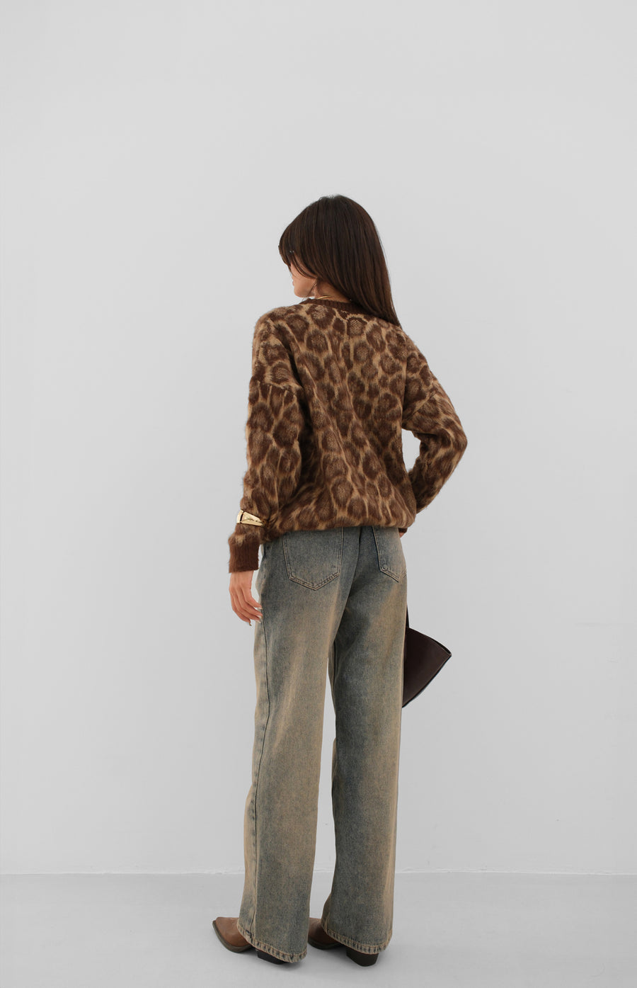 Leopard Patterned Brown Bearded Knitwear Sweater 