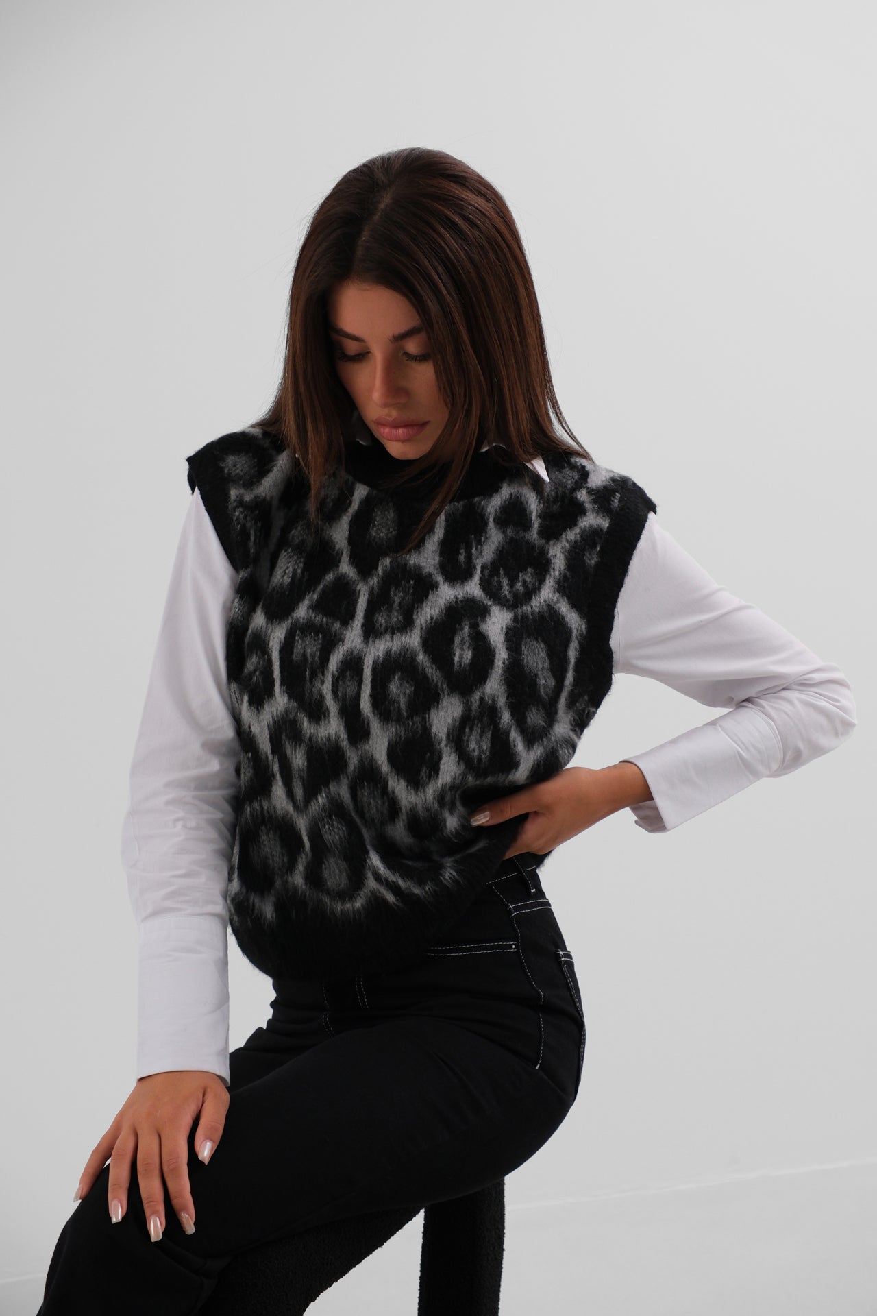 Leopard Patterned Black Bearded Knit Sweater 