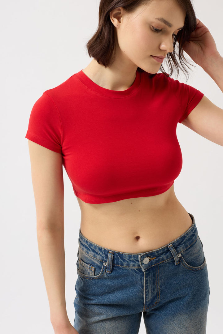 Likralı Basic Crop Kırmızı T-Shirt