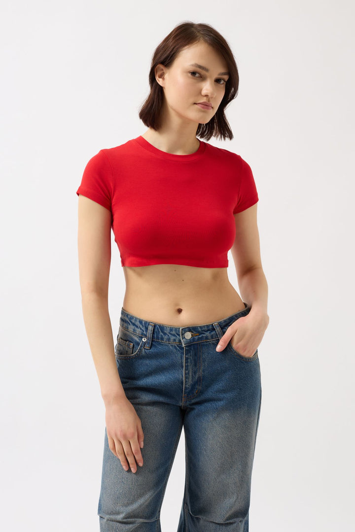 Likralı Basic Crop Kırmızı T-Shirt