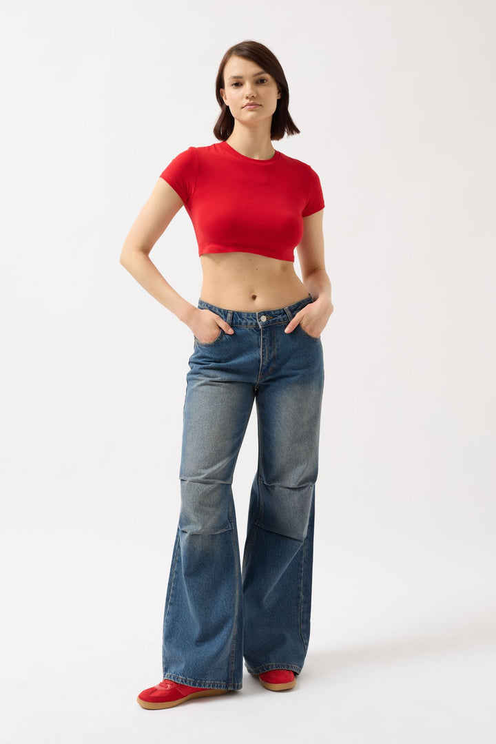 Likralı Basic Crop Kırmızı T-Shirt