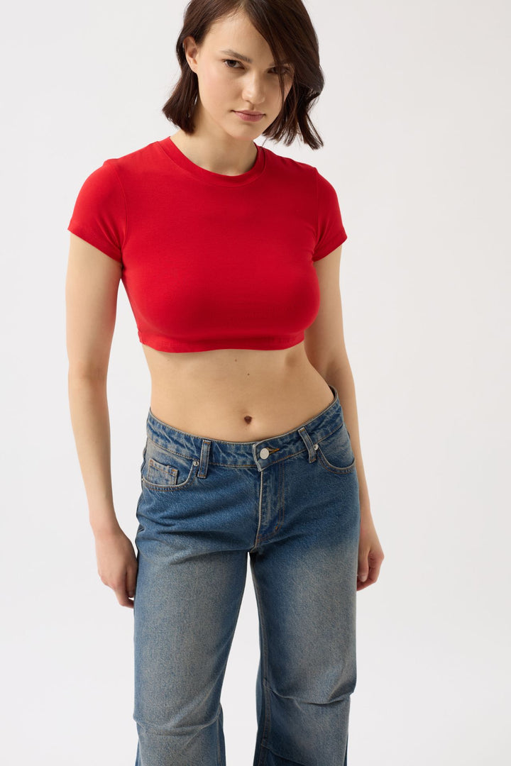 Likralı Basic Crop Kırmızı T-Shirt