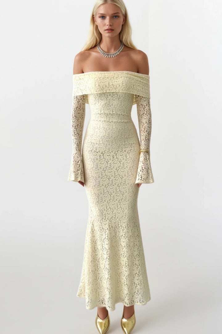 Madonna Yaka Dantelli Ekru Maxi Elbise