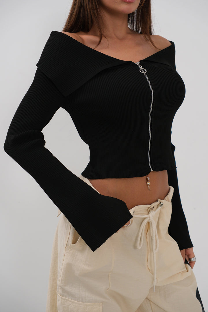 Madonna Collar Zippered Black Cardigan 