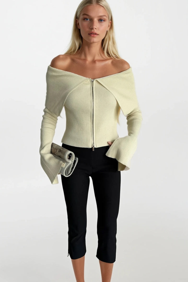 Madonna Yaka Ekru Fermuarlı Triko Bluz