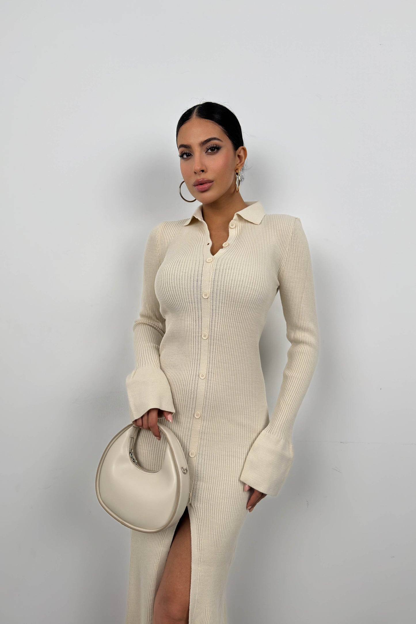 Cuffed Button Detail Beige Knit Dress 