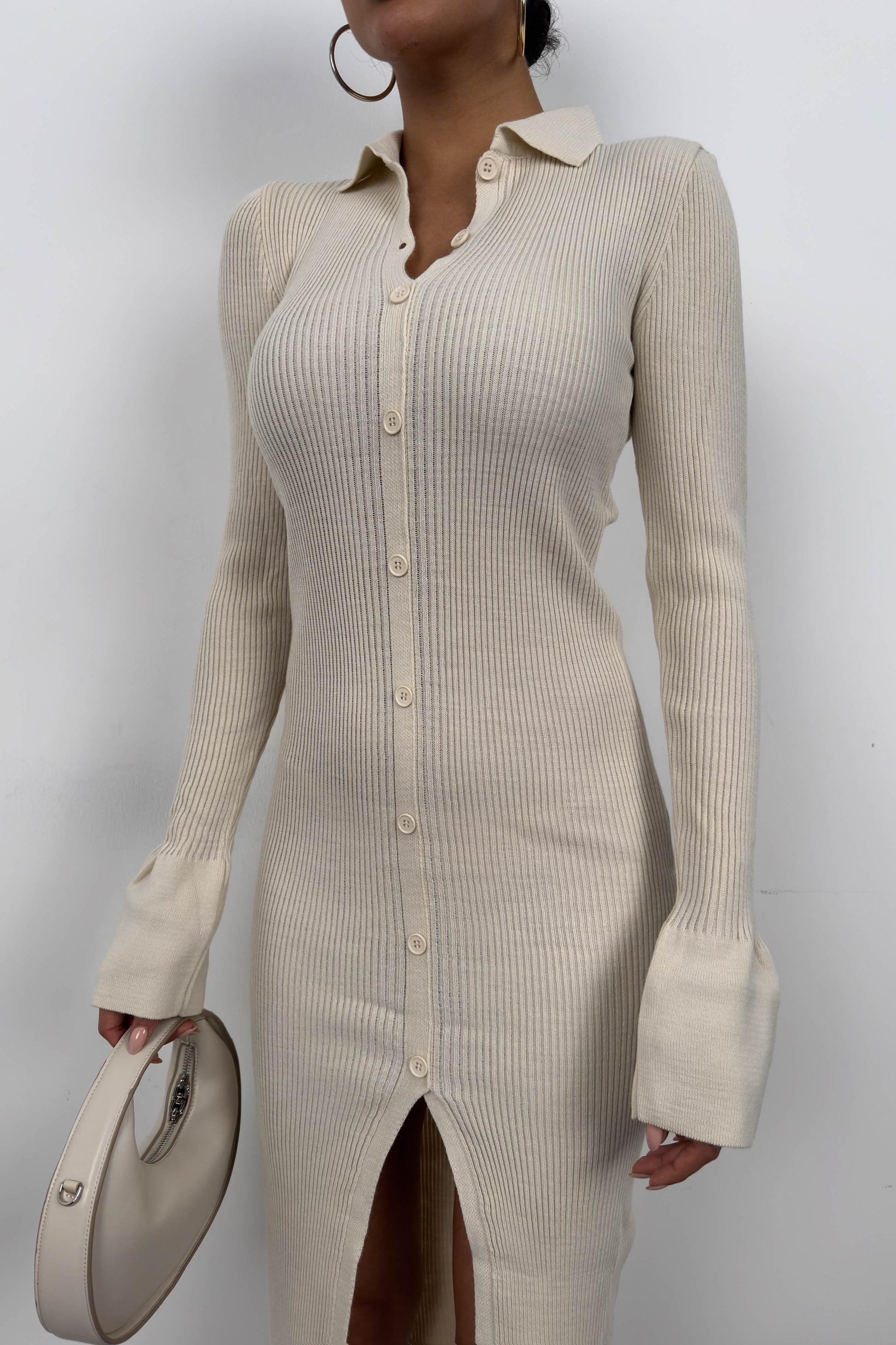 Cuffed Button Detail Beige Knit Dress 