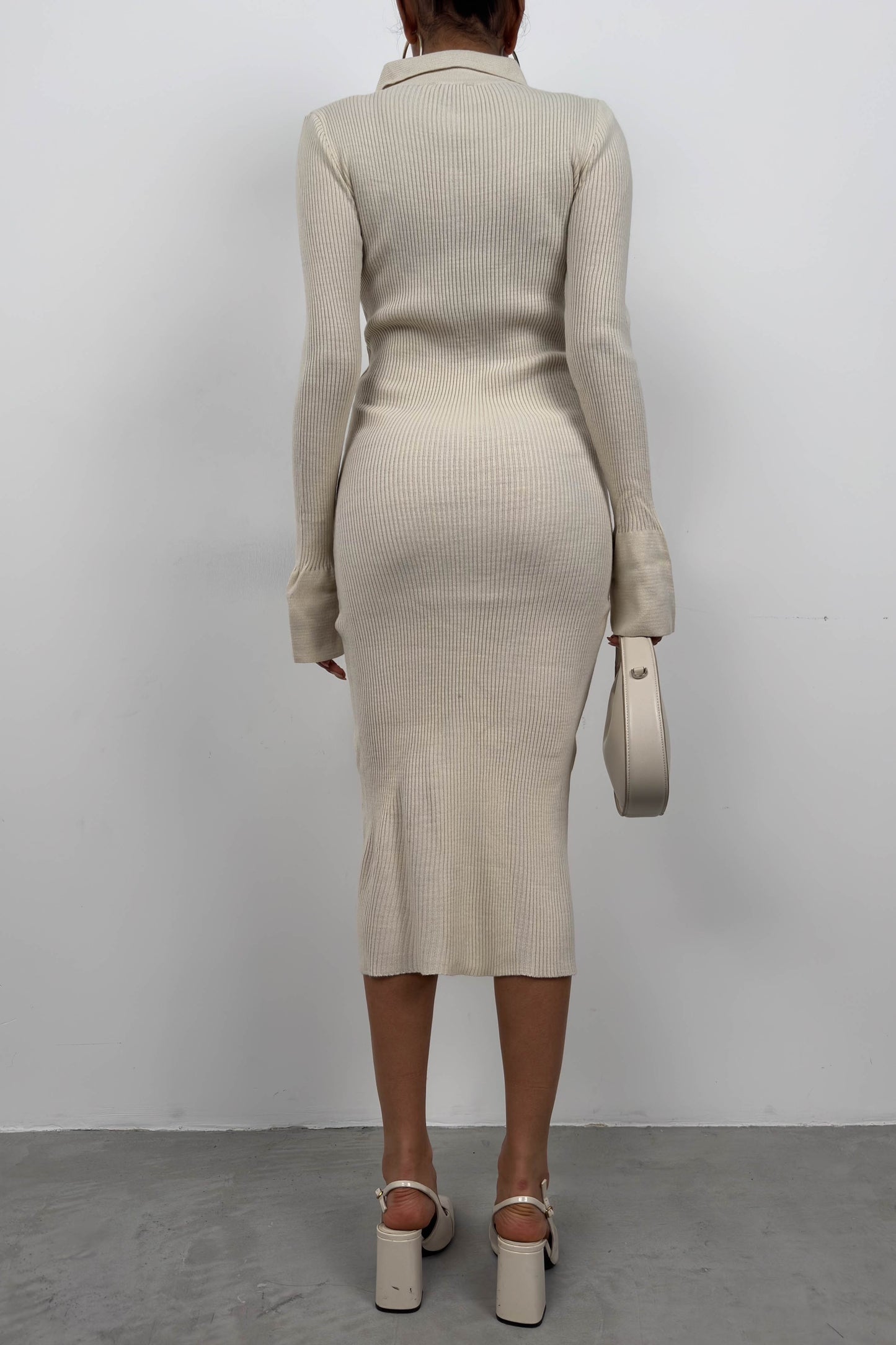 Cuffed Button Detail Beige Knit Dress 