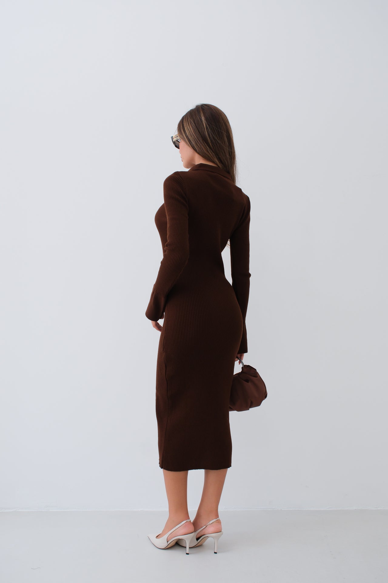 Cuffed Button Detail Brown Knit Dress 