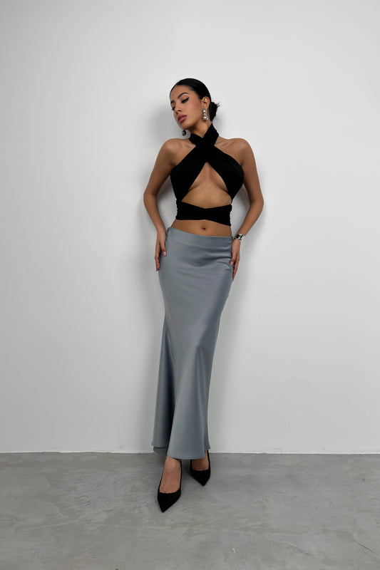 Maxi Length Satin Gray Skirt 