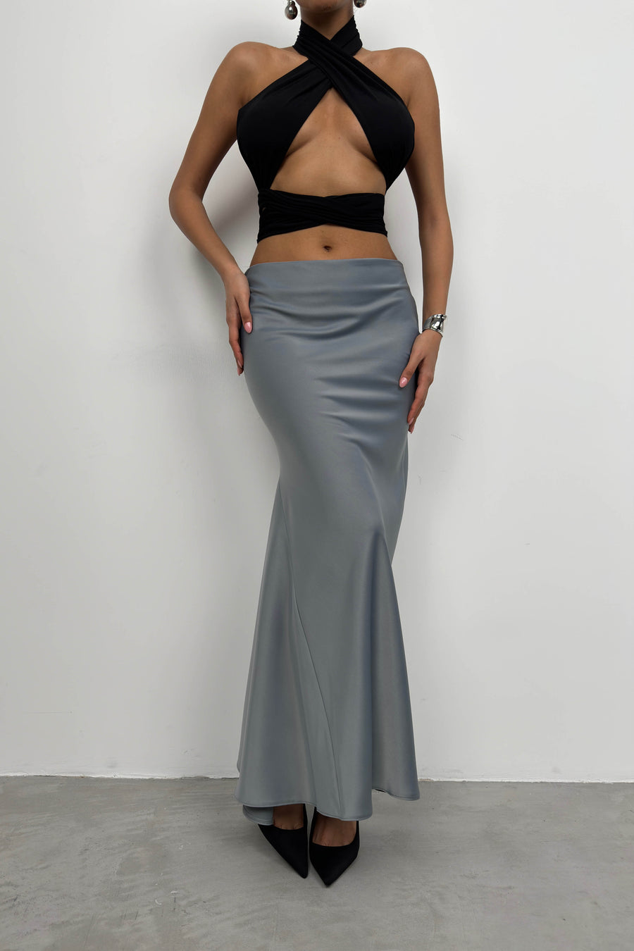 Maxi Length Satin Gray Skirt 