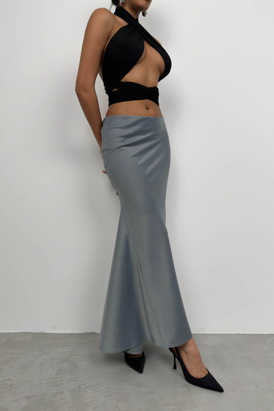 Maxi Length Satin Gray Skirt 