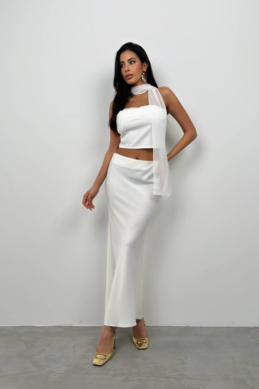 Maxi Length Satin Ecru Skirt 