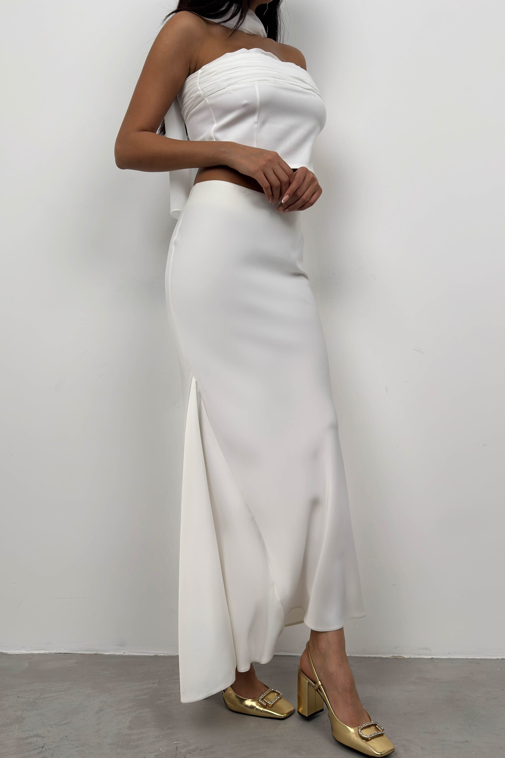 Maxi Length Satin Ecru Skirt 