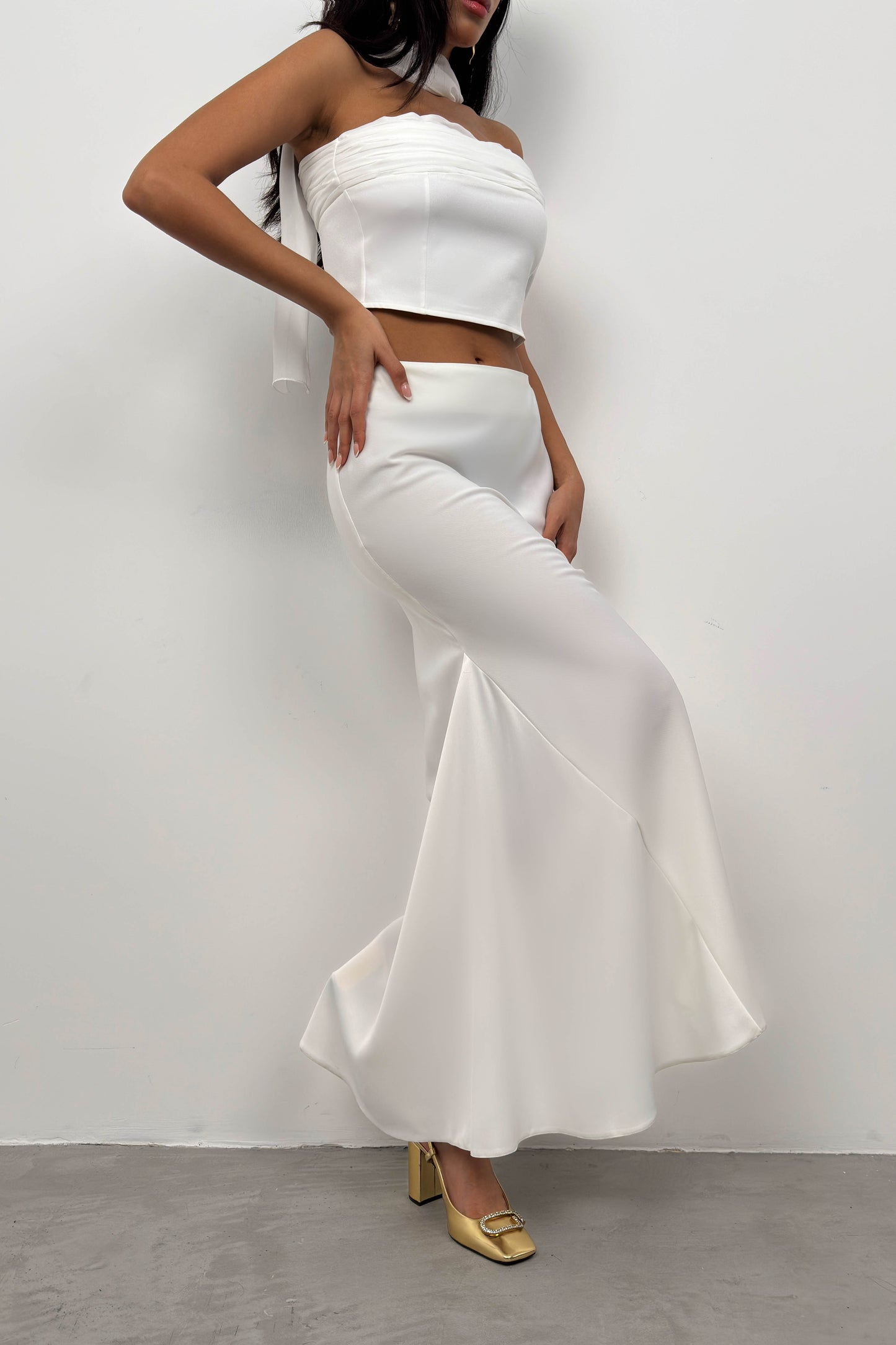 Maxi Length Satin Ecru Skirt 