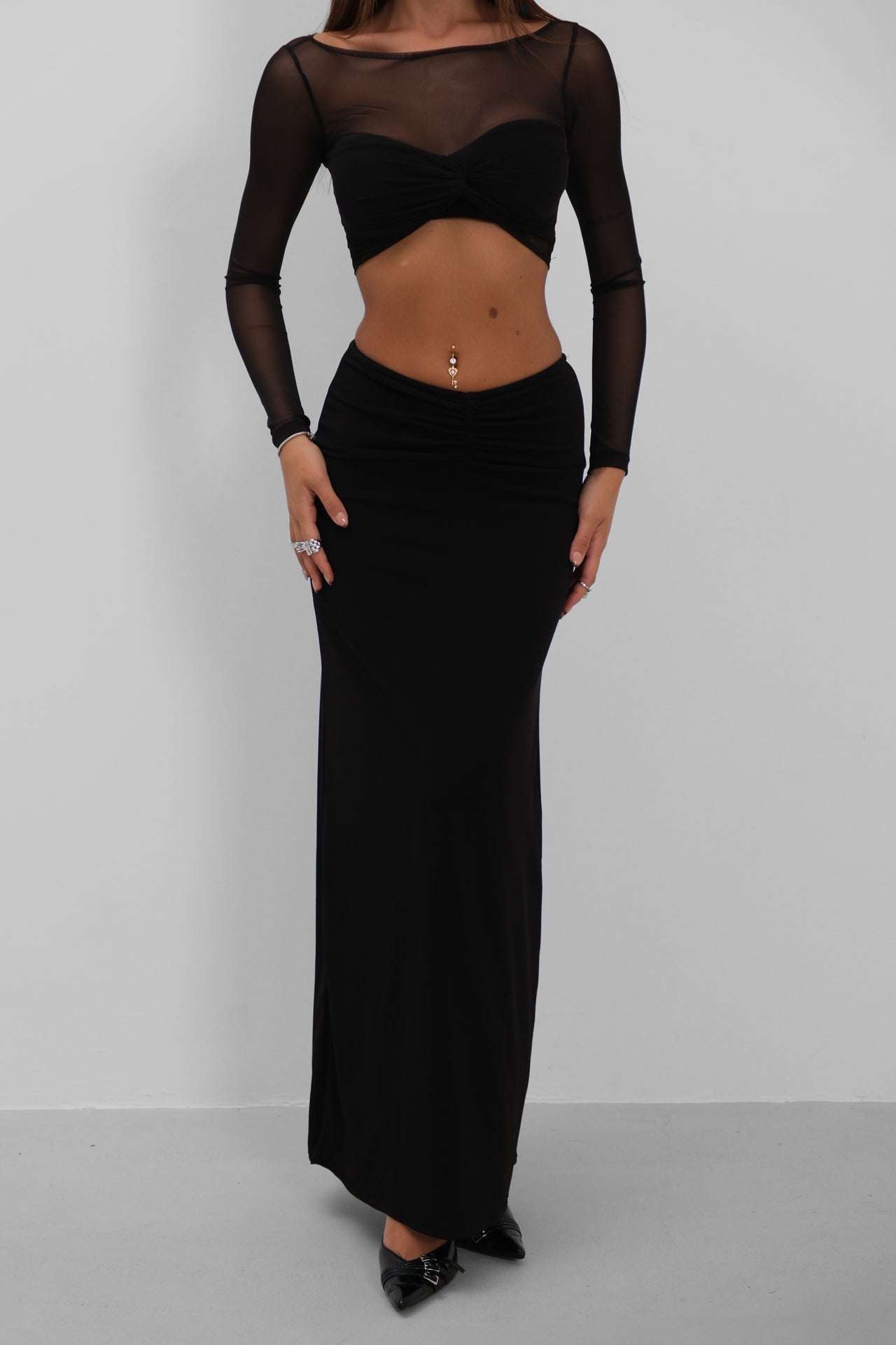 Siyah Maxi Etek Crop Bluz Takım