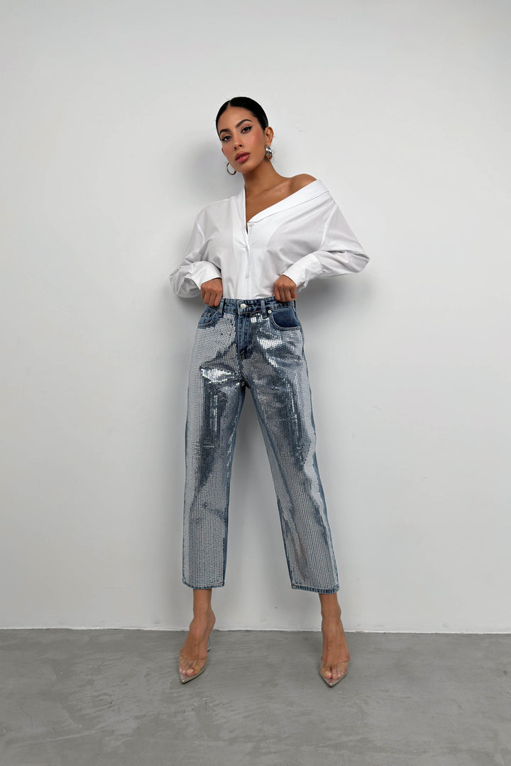 Metallic Detail Blue Jeans 