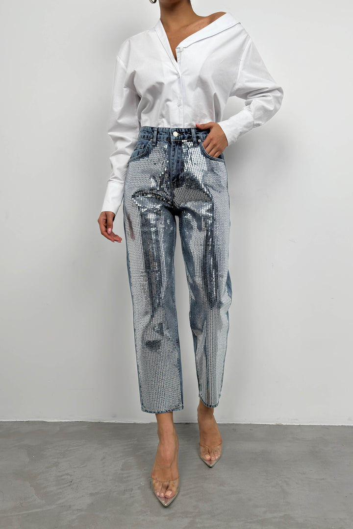 Metallic Detail Blue Jeans 