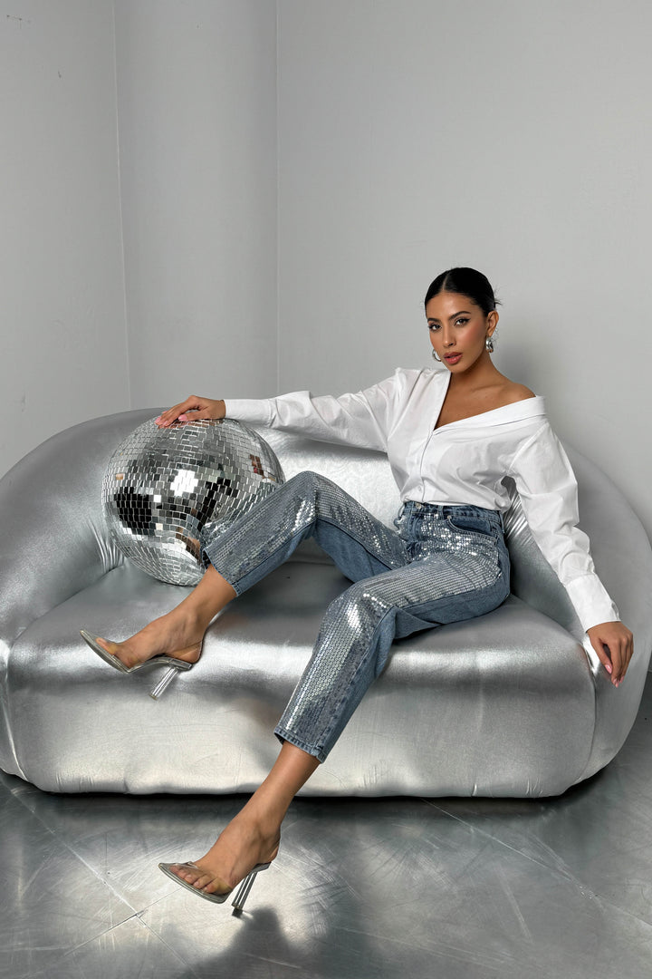 Metallic Detail Blue Jeans 