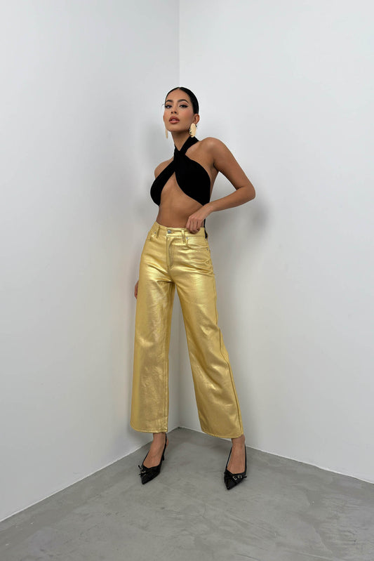 Metallic Gold High Waist Trousers 