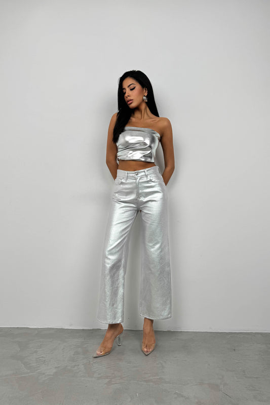 Metallic Silver High Waist Trousers 