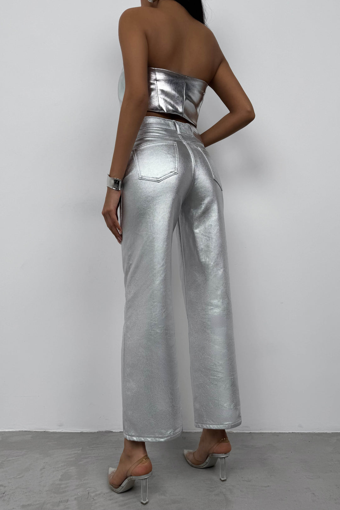 Metalik Silver Yüksek Bel Pantolon