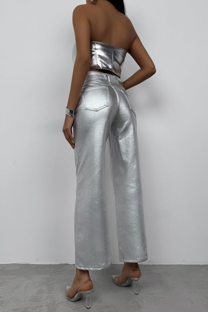 Metalik Silver Yüksek Bel Pantolon