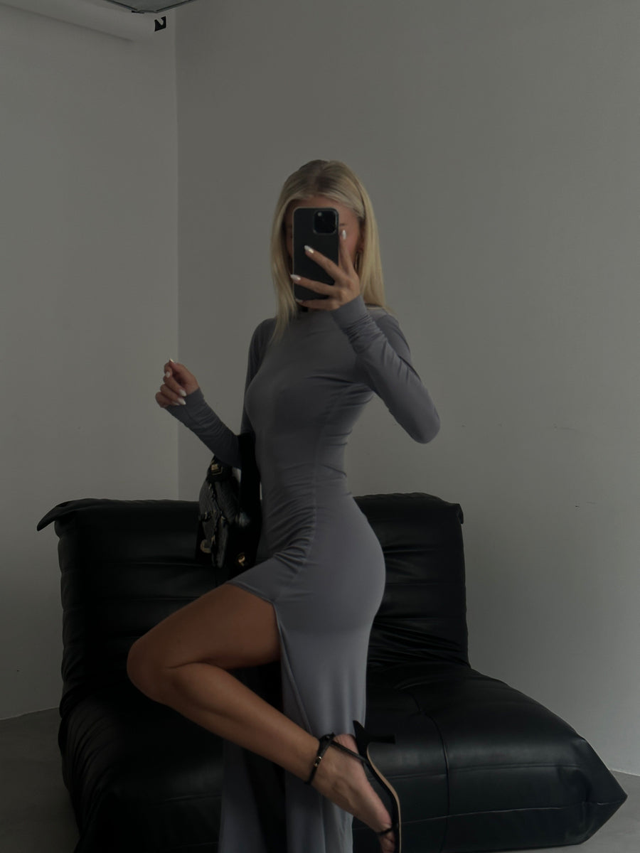 Midi Length Deep Slit Gray Dress 