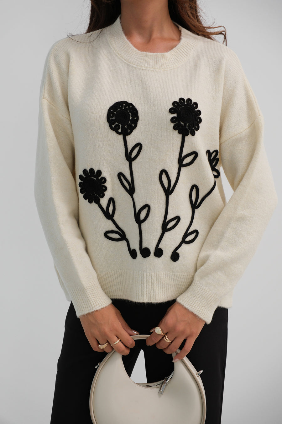 Motif Oversize White Knitted Sweater 