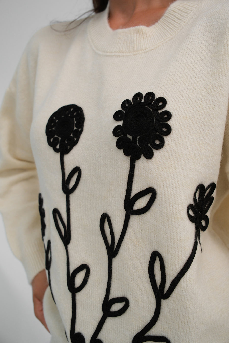 Motif Oversize White Knitted Sweater 