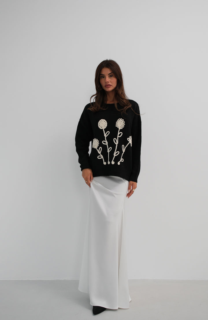 Motifli Oversize Siyah Triko Kazak