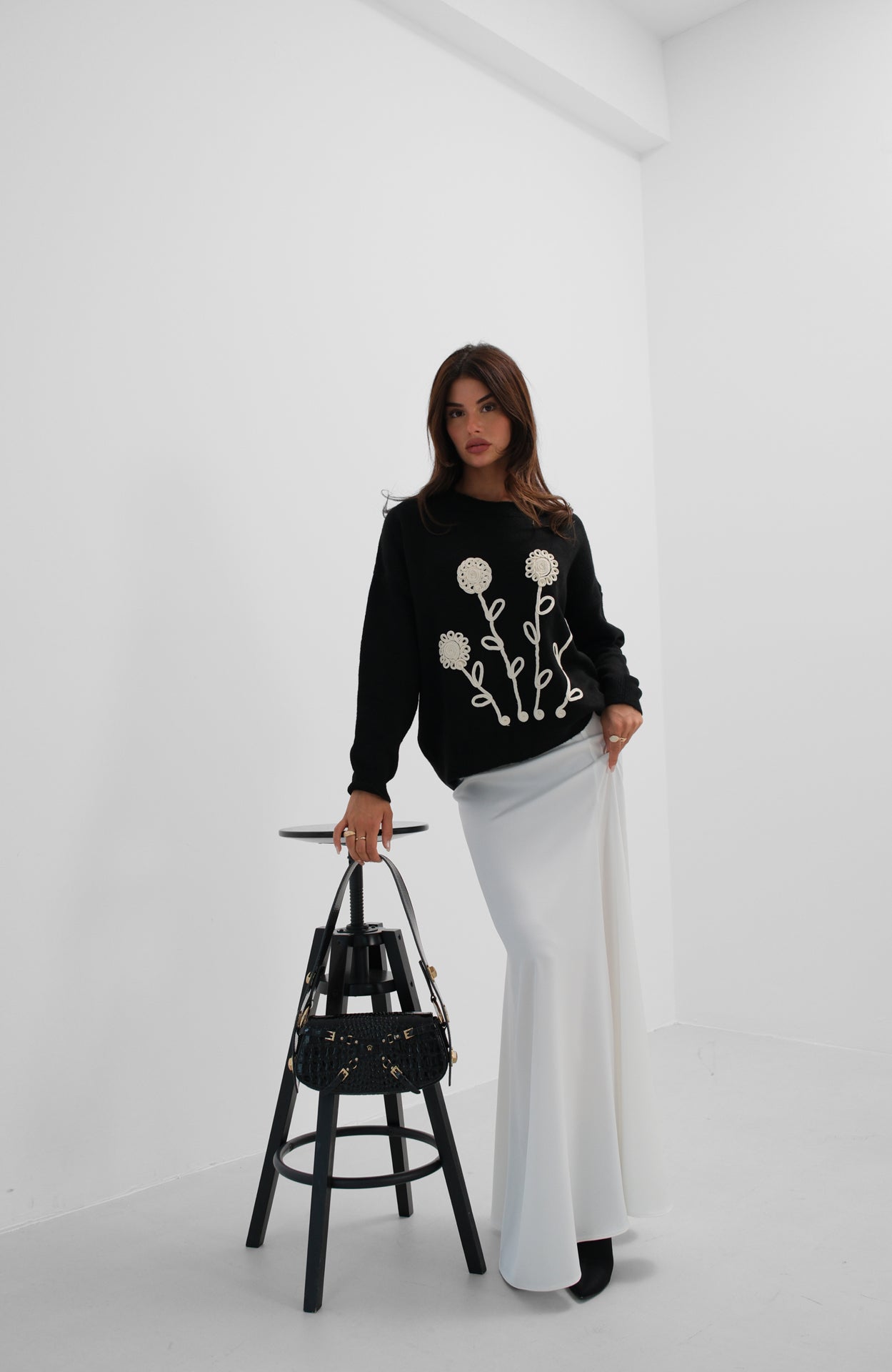 Oversize Black Knitted Sweater with Motifs 