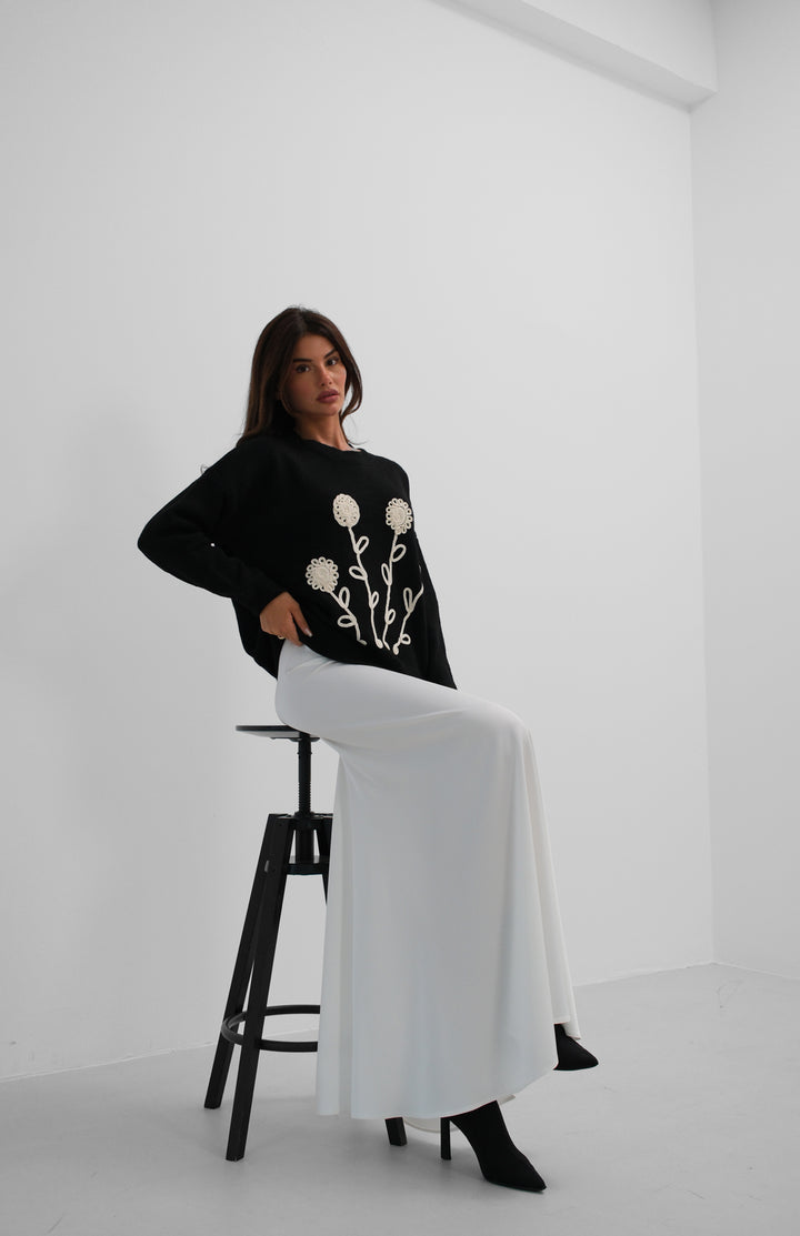 Motifli Oversize Siyah Triko Kazak