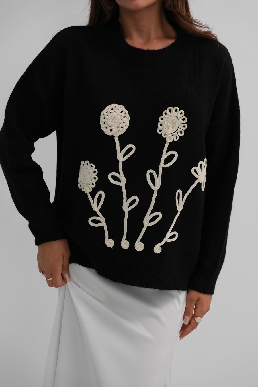 Oversize Black Knitted Sweater with Motifs 