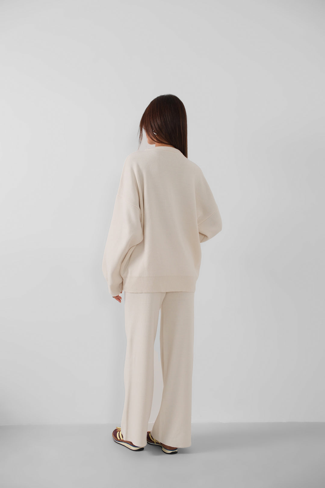 Nakış İşlemeli Kazak Pantolon Triko Beyaz Takım