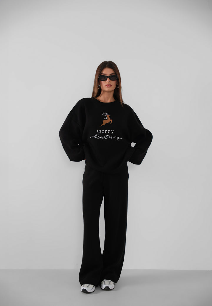 Nakış İşlemeli Kazak Pantolon Triko Siyah Takım