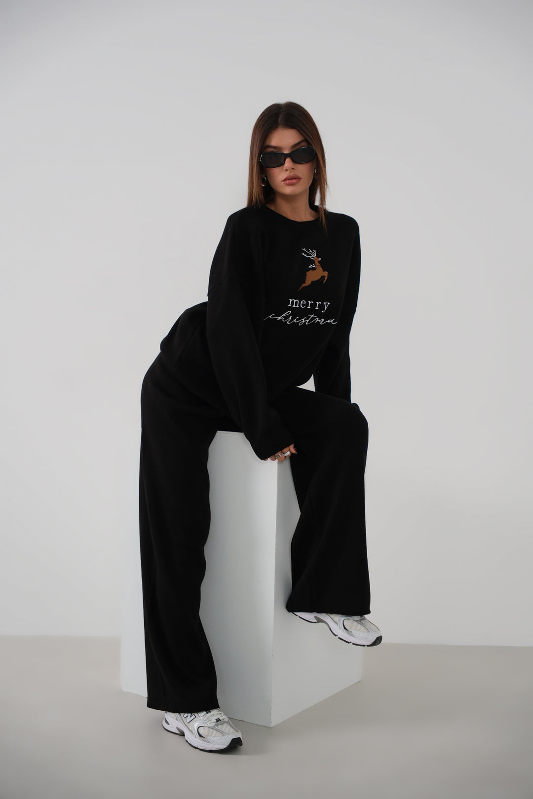 Nakış İşlemeli Kazak Pantolon Triko Siyah Takım