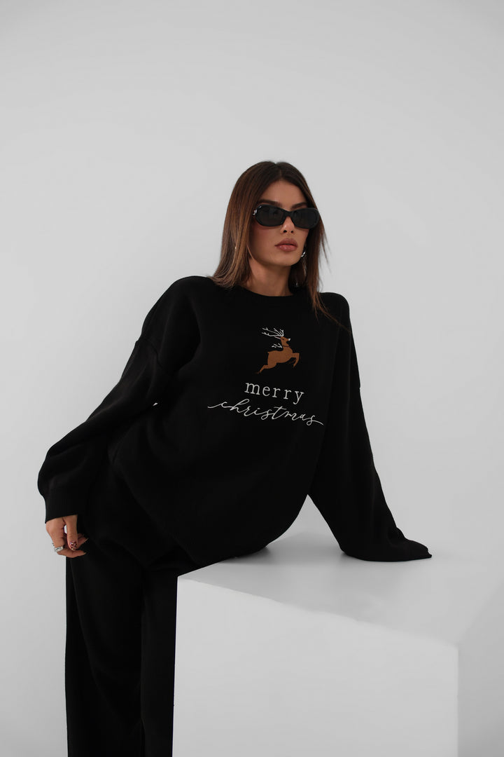 Nakış İşlemeli Kazak Pantolon Triko Siyah Takım