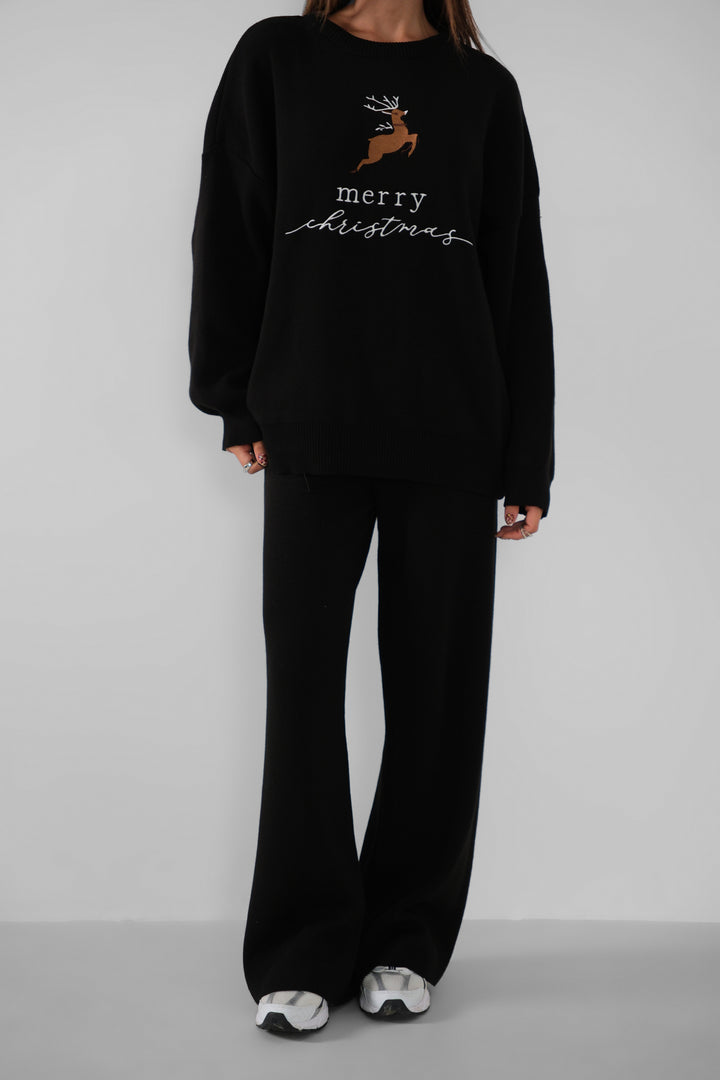 Nakış İşlemeli Kazak Pantolon Triko Siyah Takım