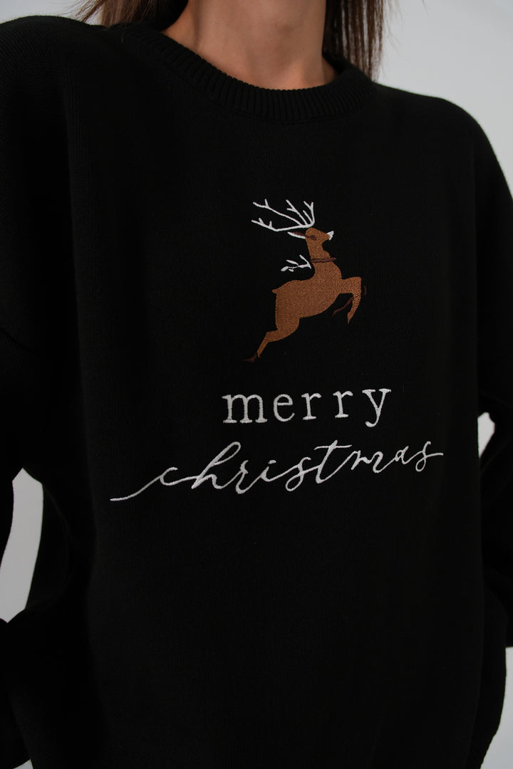 Nakış İşlemeli Kazak Pantolon Triko Siyah Takım