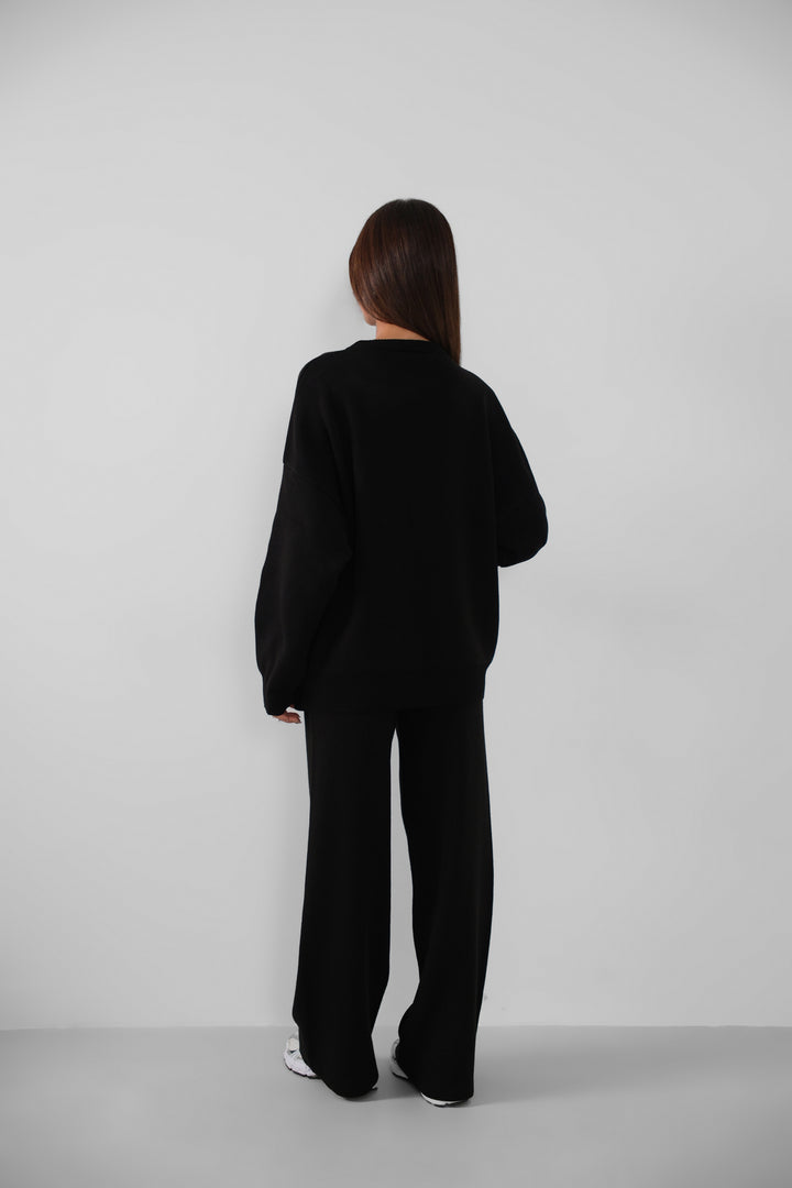 Nakış İşlemeli Kazak Pantolon Triko Siyah Takım