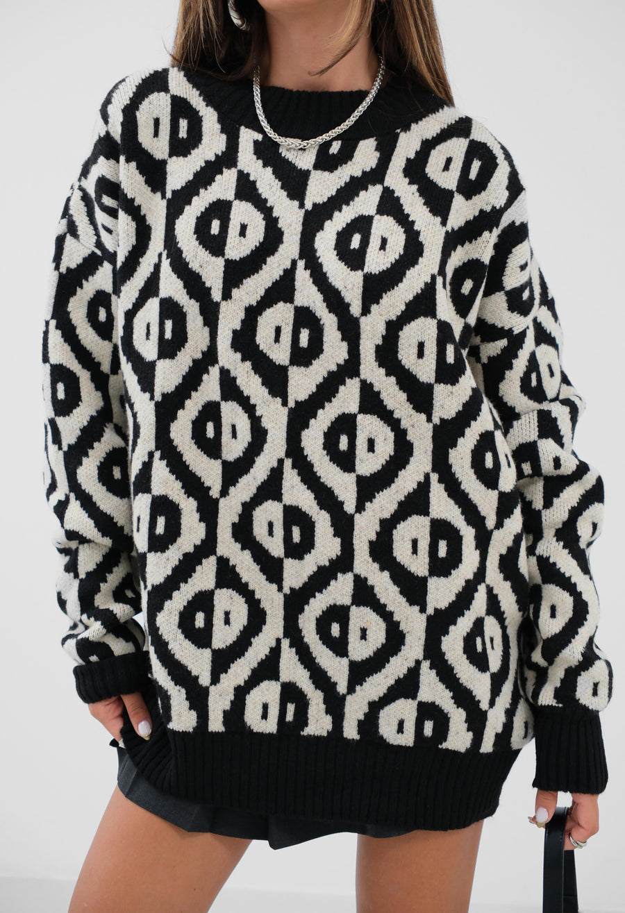 Embroidered Geometric Pattern Oversize Sweater 