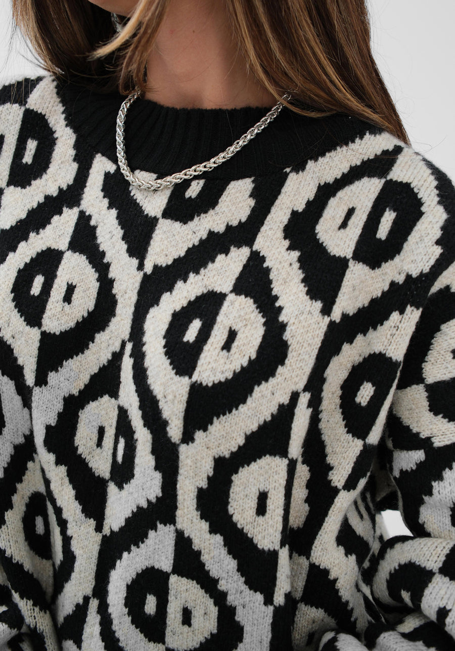 Embroidered Geometric Pattern Oversize Sweater 