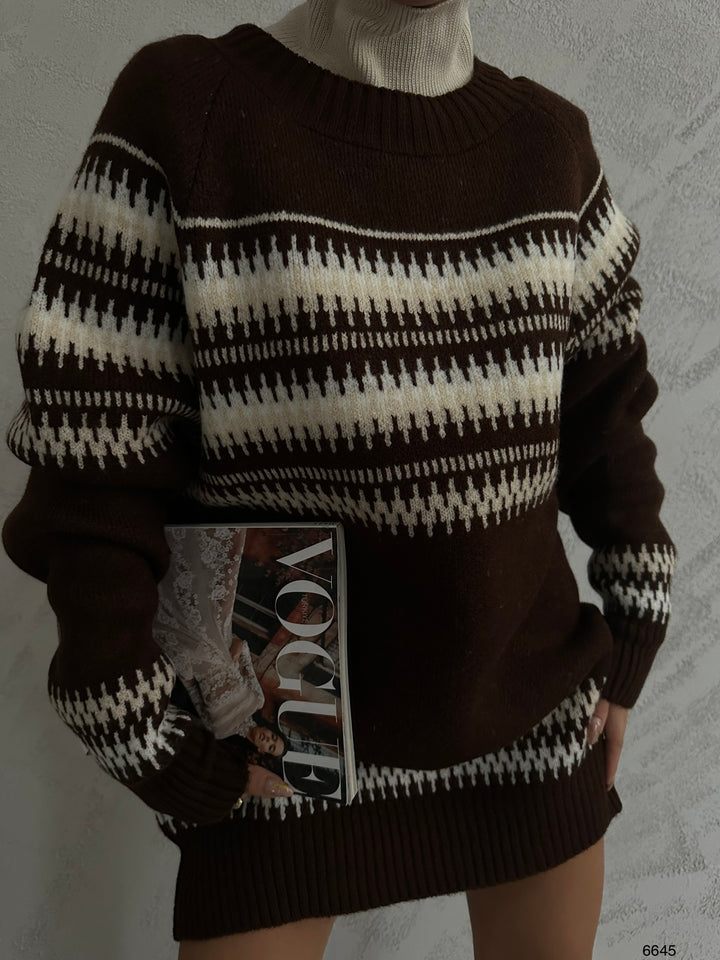 Nakışlı Çizgili Desen Oversize Kazak