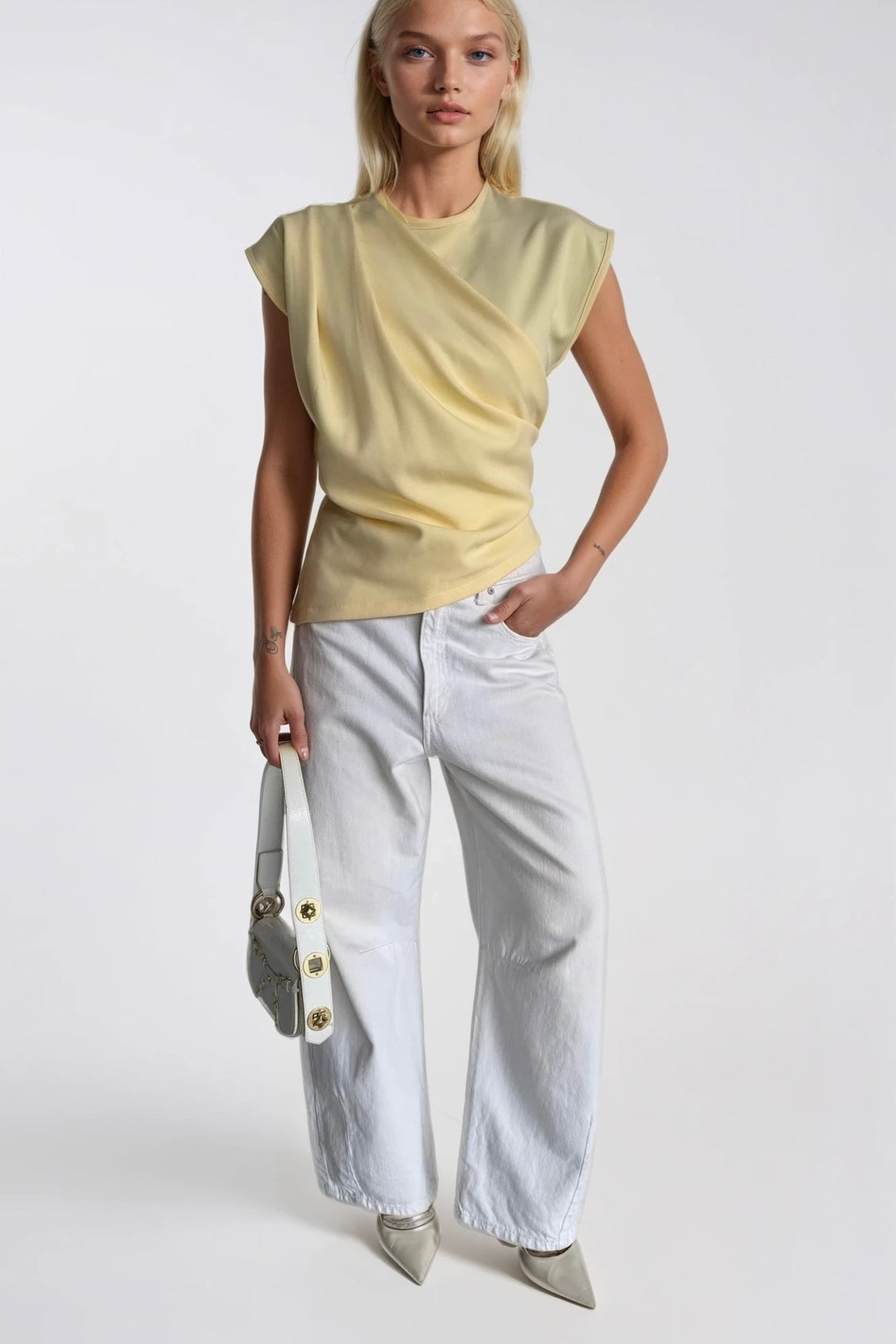 Omuz Büzgülü Sıfır Kol Sarı Bluz