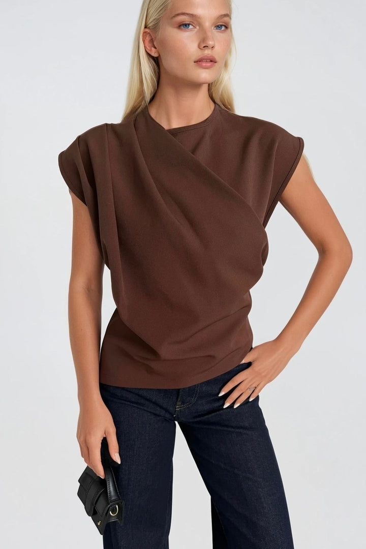 Omuz Büzgülü Sıfır Kol Kahverengi Bluz