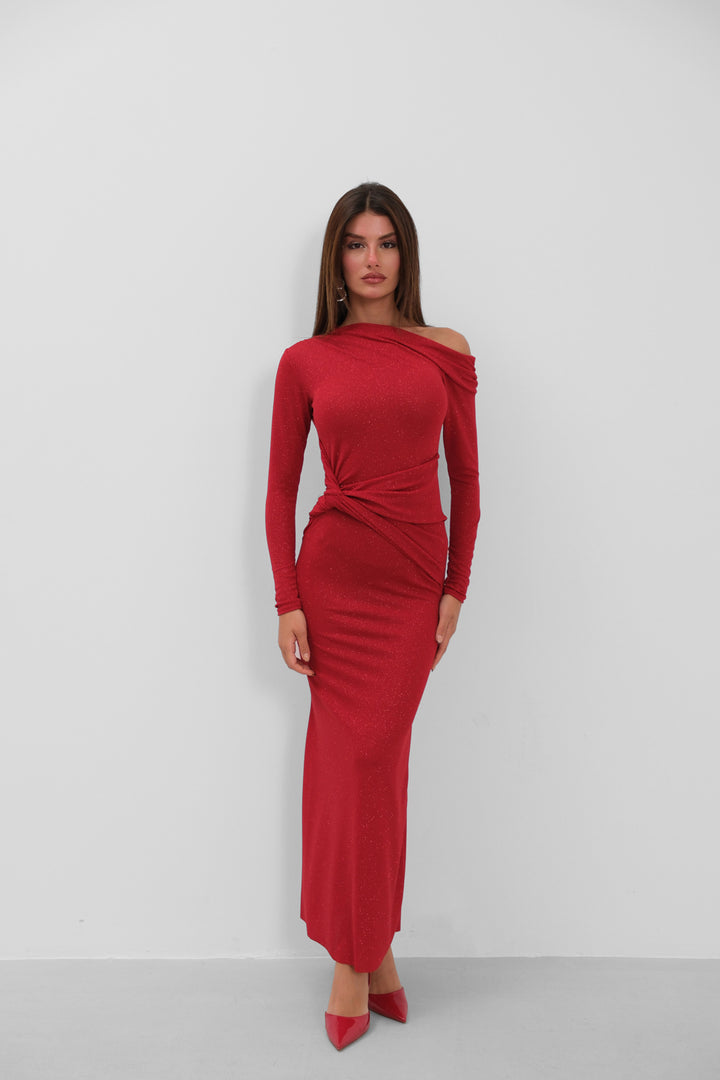 Off the Shoulder Stone Detailed Red Dress